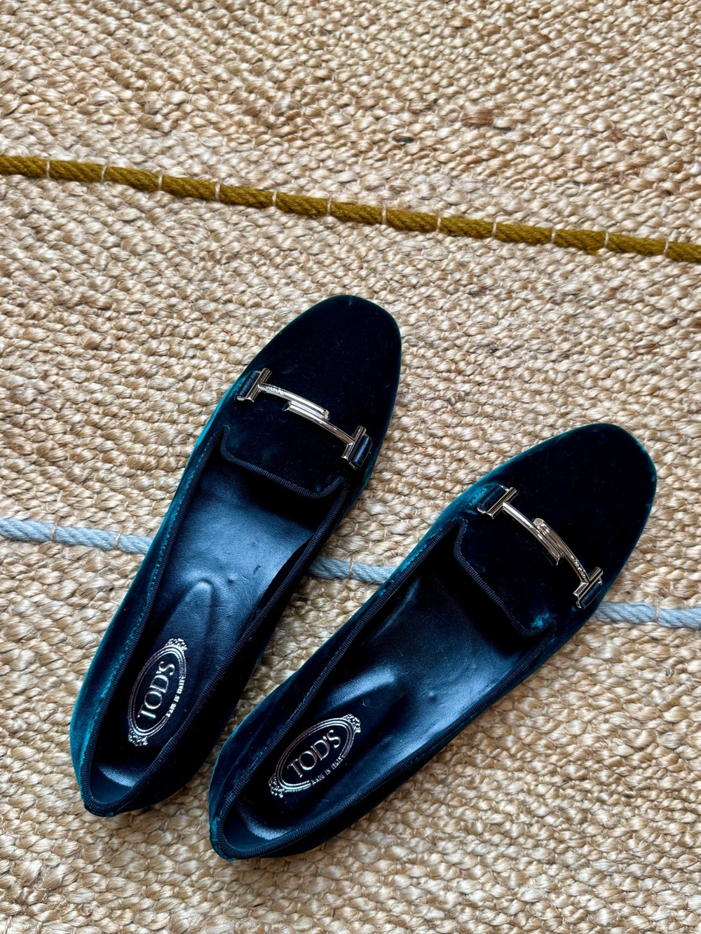 Tod’s Green Velvet Loafers with Silver T Hardware